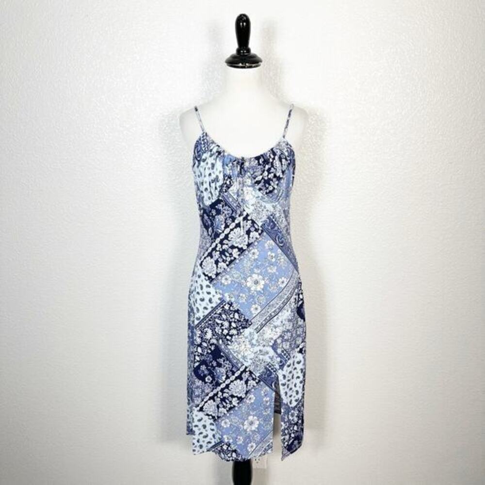 Y2K Inspired Hearts Sz L Cottagecore Milkmaid Patchwork Print Slip Dress‎ Blue